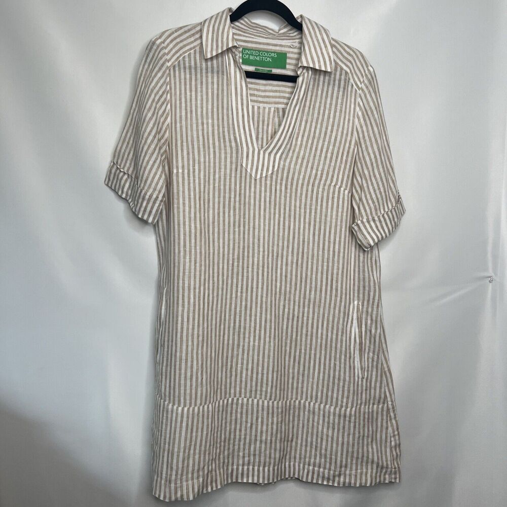 UNITED COLORS of BENETTON Dress Womens Large Tan/white Stripe 100% Linen Pocket